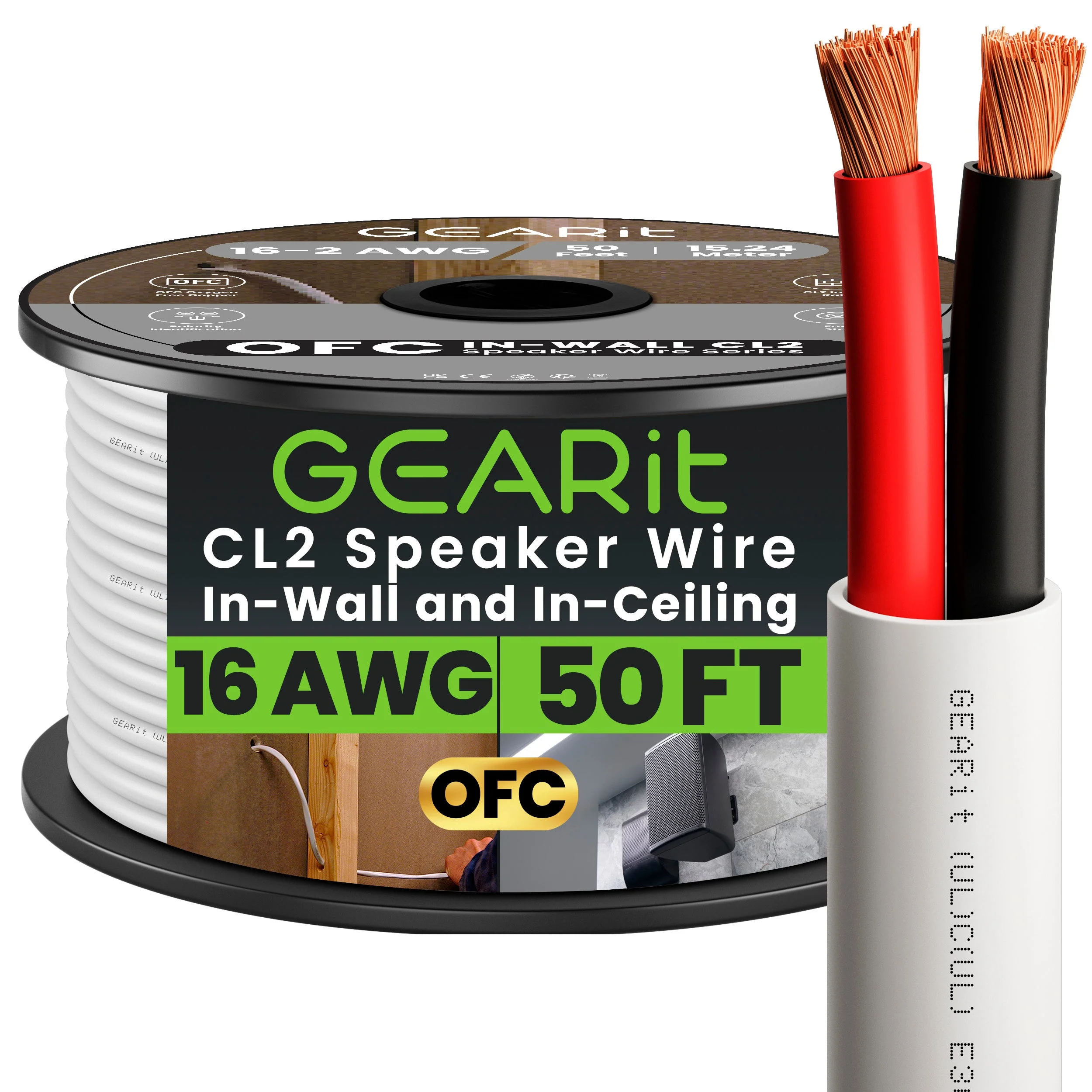 16 AWG In Wall Speaker Wire - CL2 Rated - Oxygen Free Copper (OFC), White