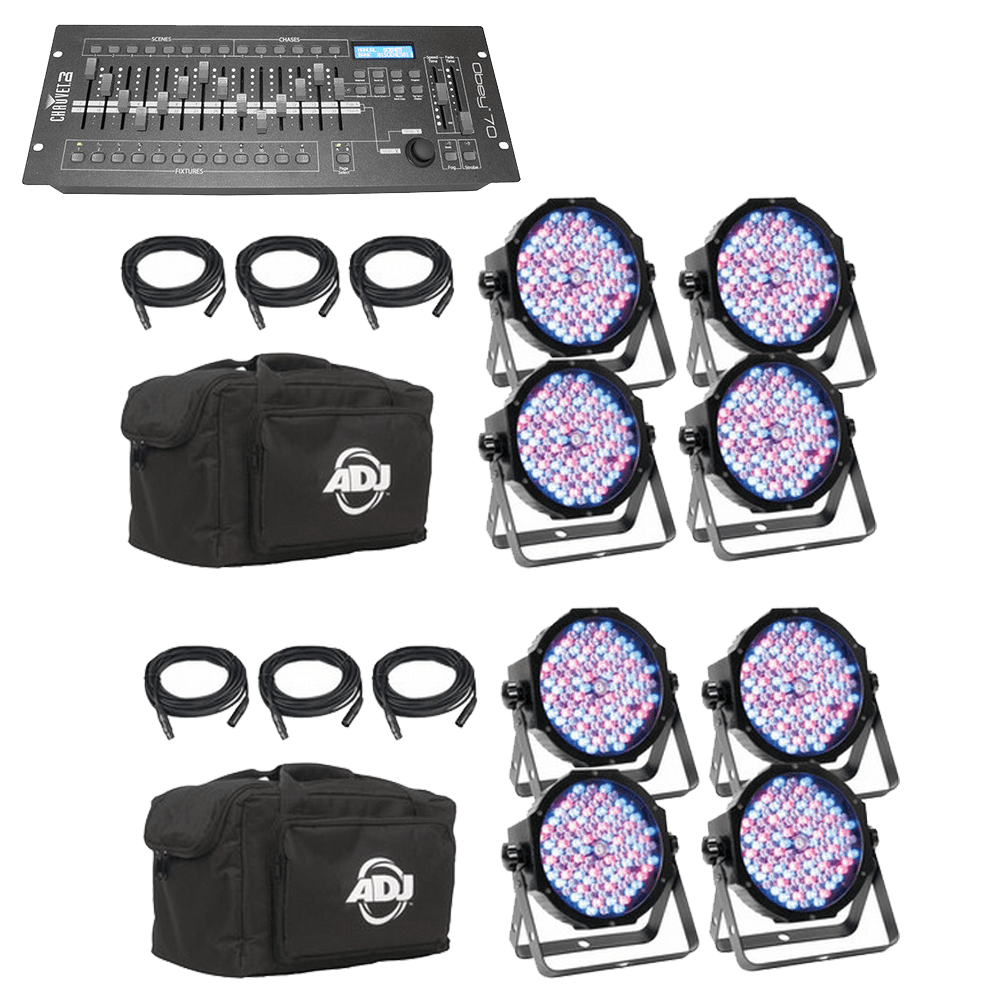 (2) American DJ Mega Flat Pak Plus – 4x Mega Par Profile Plus LED Pars, 3x DMX Cable, & Bag + CHAUVET DJ Obey 70 Universal DMX-512 Controller