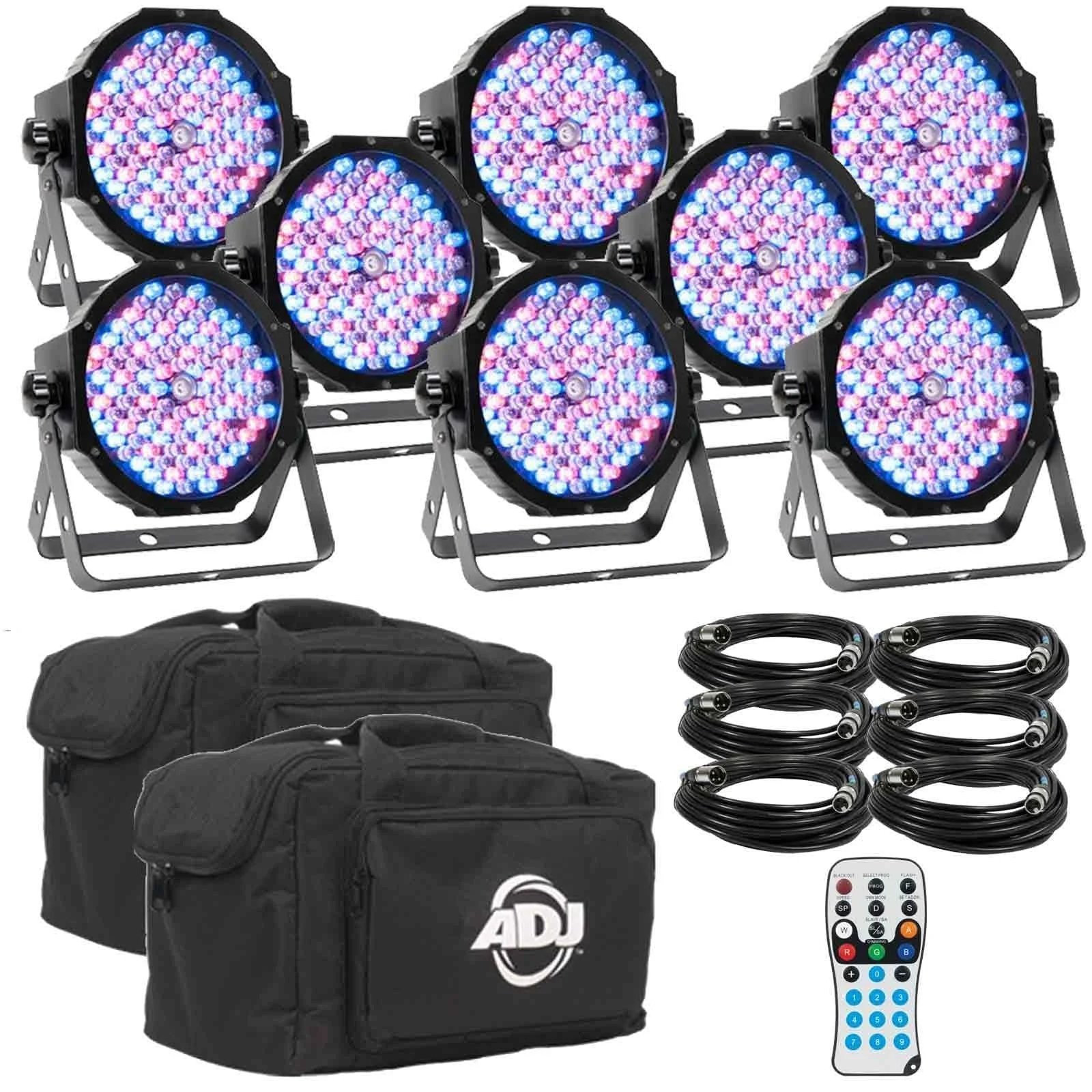 (2) American DJ Mega Flat Pak Plus – 4x Mega Par Profile Plus LED Pars, 3x DMX Cable, & Bag