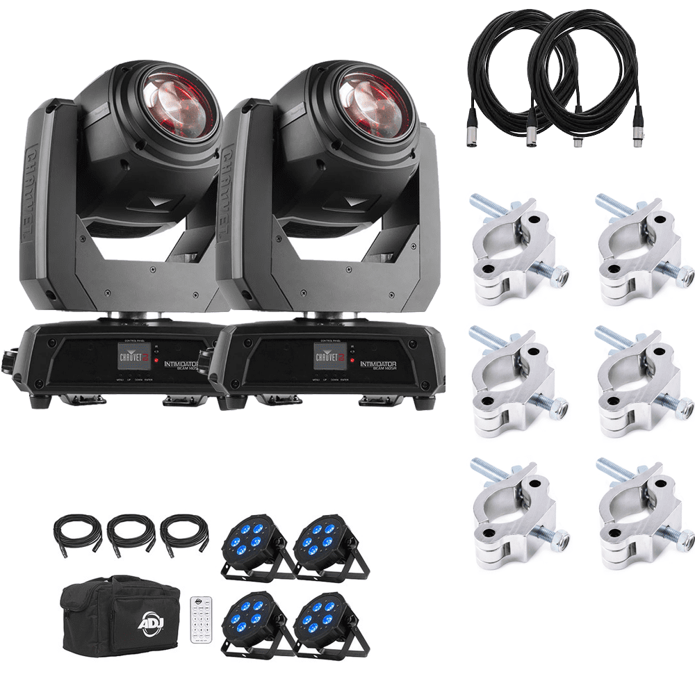 (2) CHAUVET DJ Intimidator Beam 140SR Moving Head Beam +Eliminator Mega Flat Hex Pak with 4 PAR Fixtures Package.