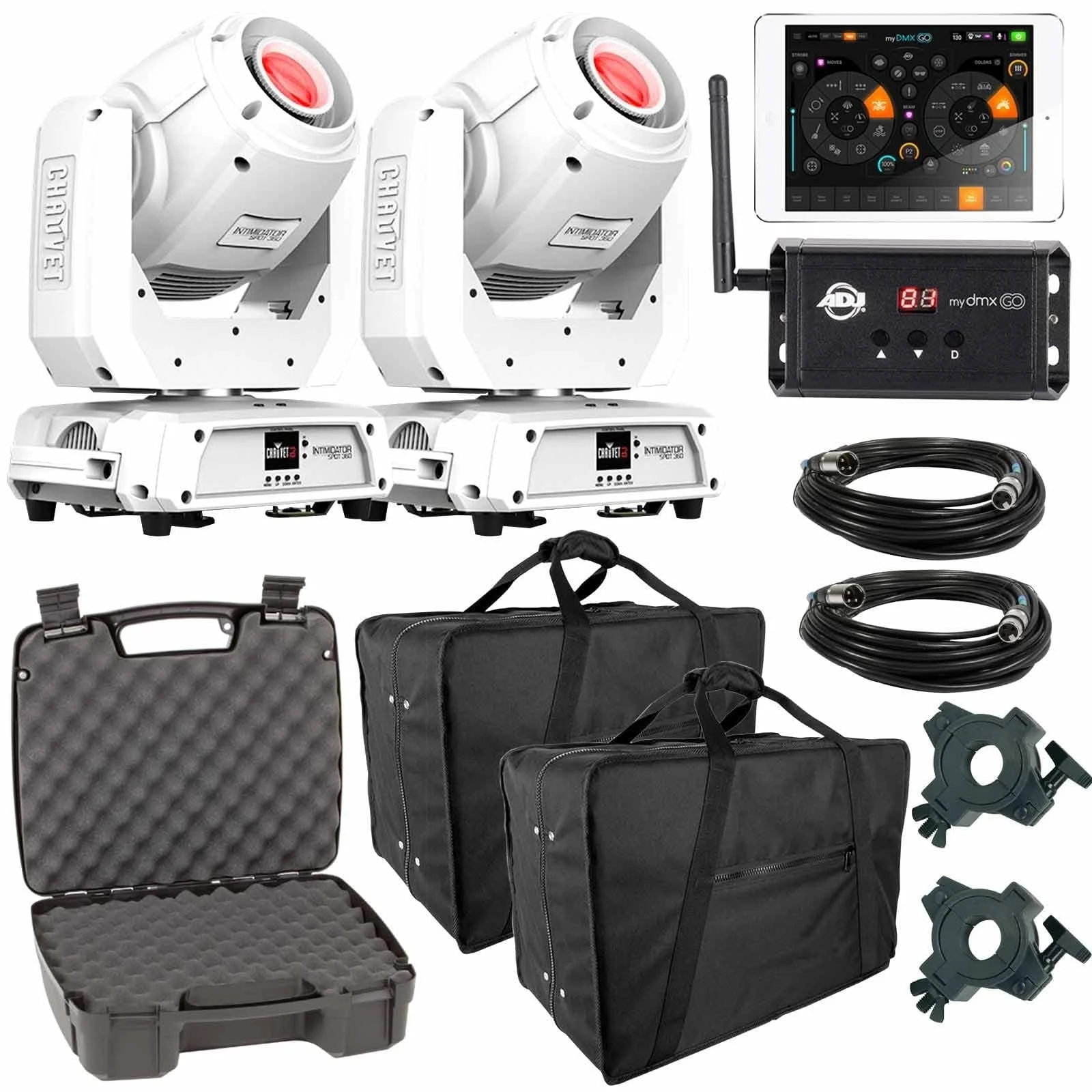 (2) Chauvet DJ Intimidator Spot 360 White Moving Heads with American DJ myDMX Go Wireless App & 140 Style Lighting Case Package