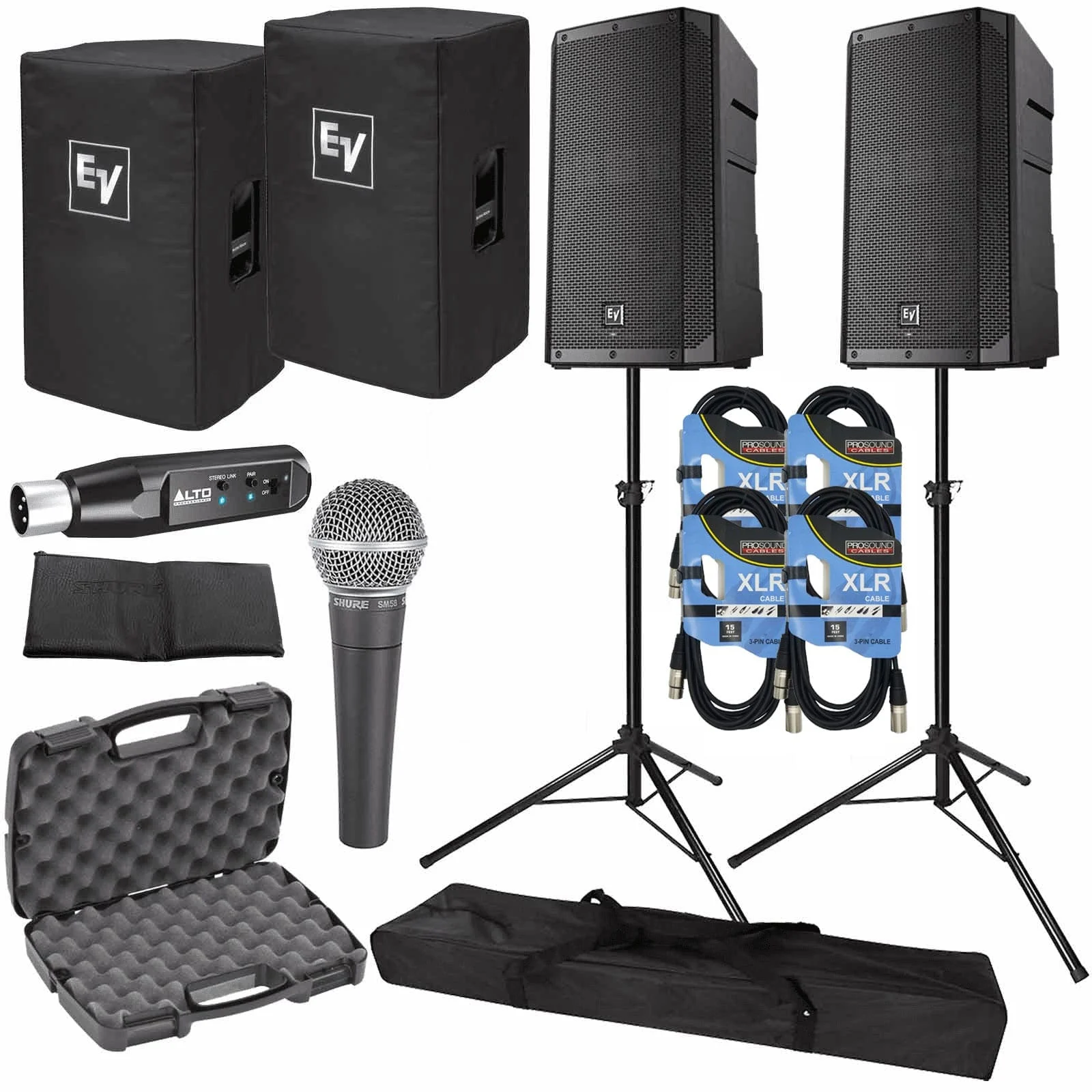 (2) Electro-Voice ELX200-12P 12″ 2-Way Powered Speakers with Blue Cables & Microphone Package