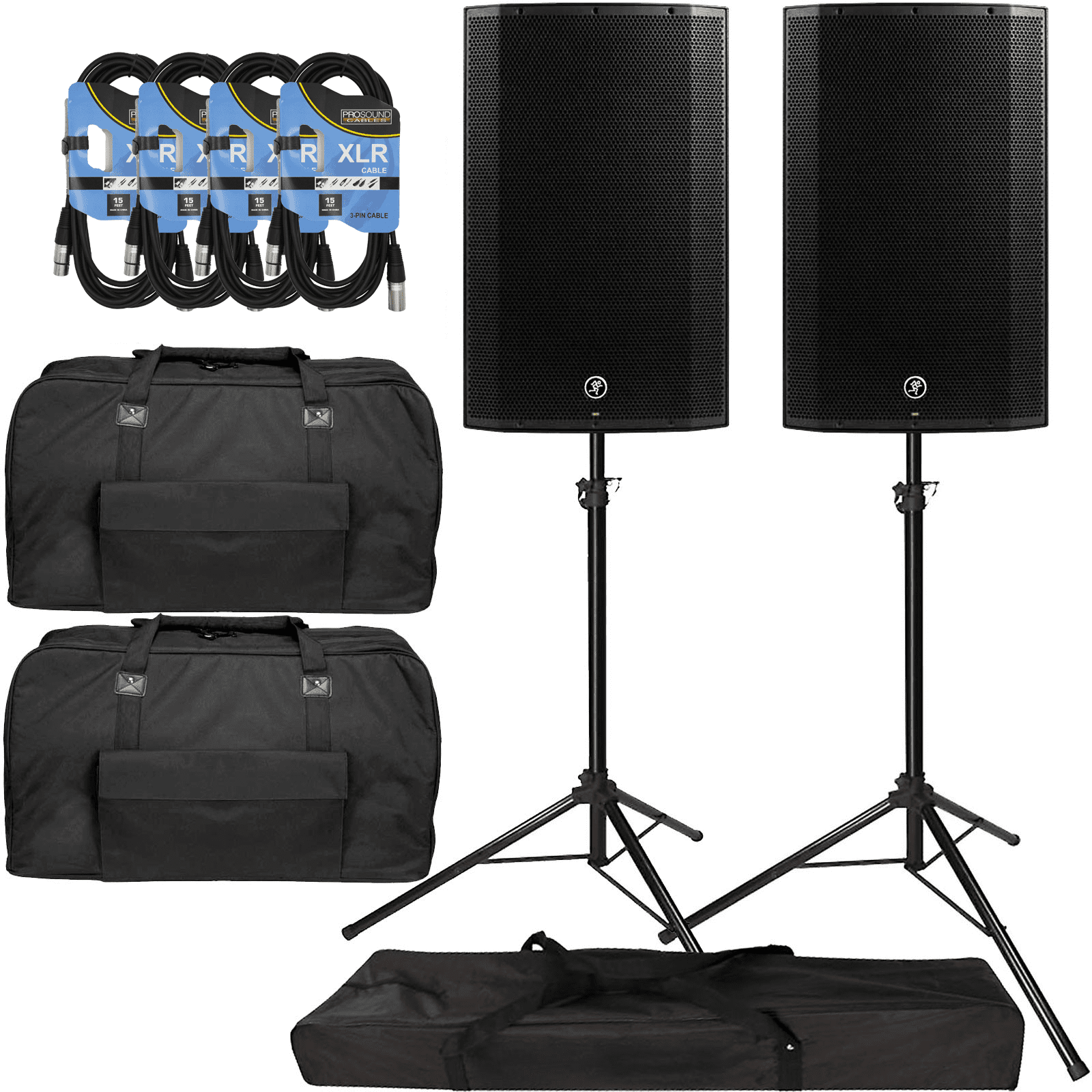 (2) Mackie Thump15A 1000 Watt 15″ Powered Speakers w/Cables, Stands, & Cases Bundle