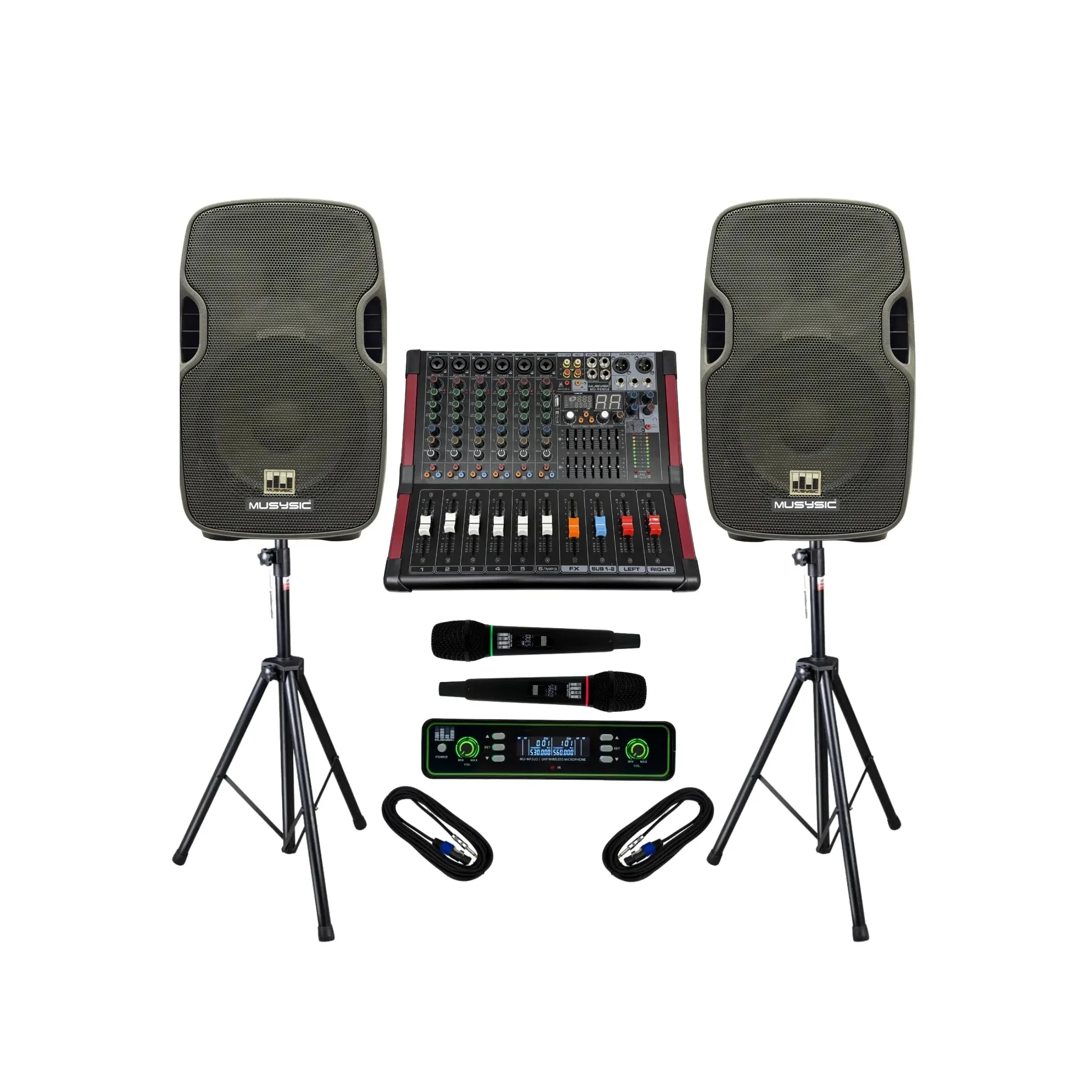 2000W PA System 6 Channel Mixer 10" Speakers Wireless Mic